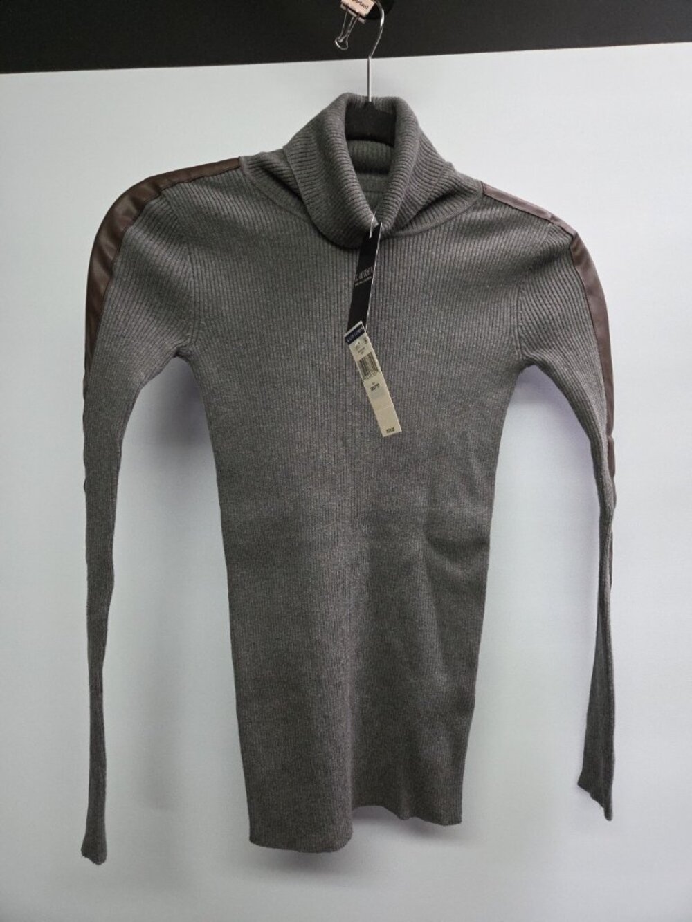 Lauren Ralph Lauren Faux Leather Trim Turtleneck Sweater Gray XXS MSRP $155 USD